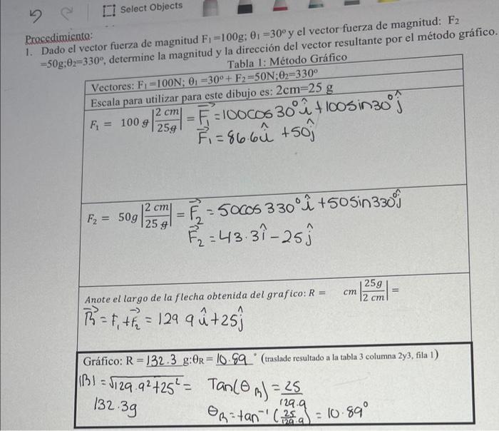 Select Objects Procedimiento: 1. Dado el vector fuerza de magnitud Fy=100g: 0. =30° y el vector fuerza de magnitud: F2 =50g:0