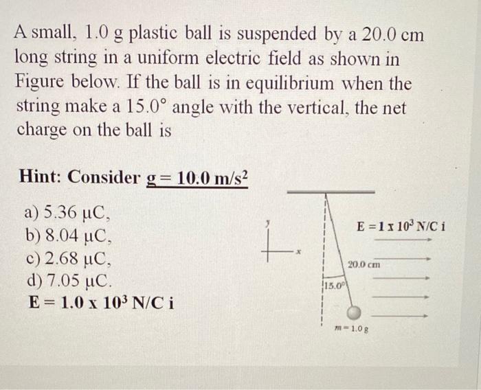Solved A small, 1.0 g plastic ball is suspended by a 20.0 cm