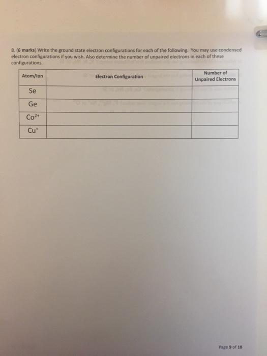 Solved 8. (6 marks) Write the ground state electron | Chegg.com