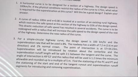 Solved A horizontal curve is to be designed for a section of | Chegg.com