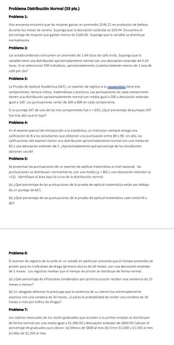 Problema Distribución Normal (33 pts.) Probleme 1: porcentaje de rujeres que gastan nanos de \$160 .00 Suponga que b vanable