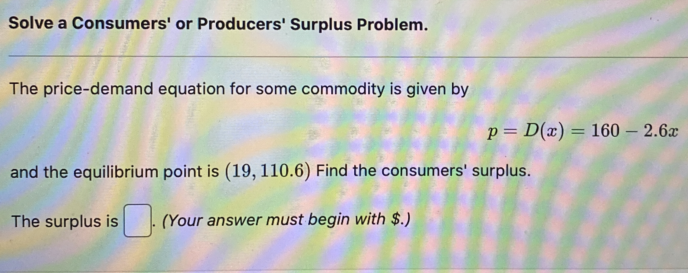 Solved Solve a Consumers' or Producers' Surplus Problem.The | Chegg.com
