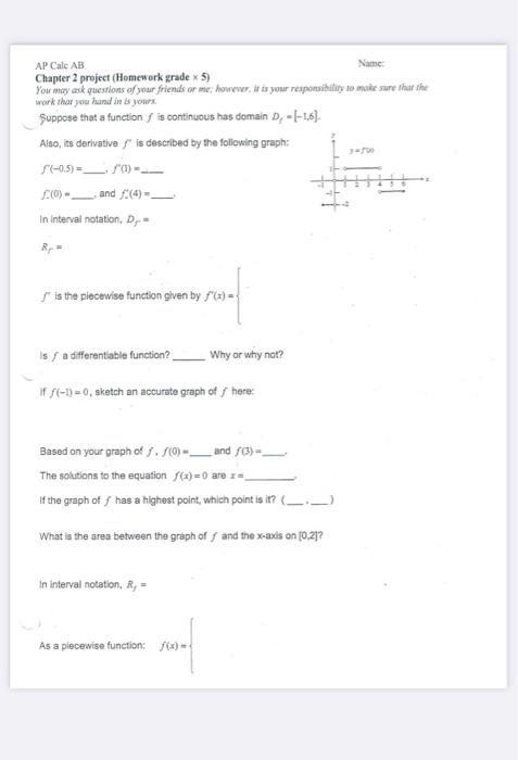 Solved AP Calc AB Name: Chapter 2 project (Homework grade ×5 | Chegg.com