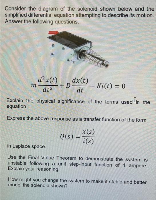 Consider the diagram of the solenoid shown below and the simplified differential equation attempting to describe its motion. 