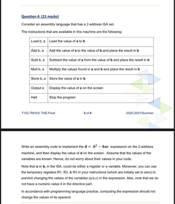 Solved Question 4: (15 marks) Consider an assembly language | Chegg.com
