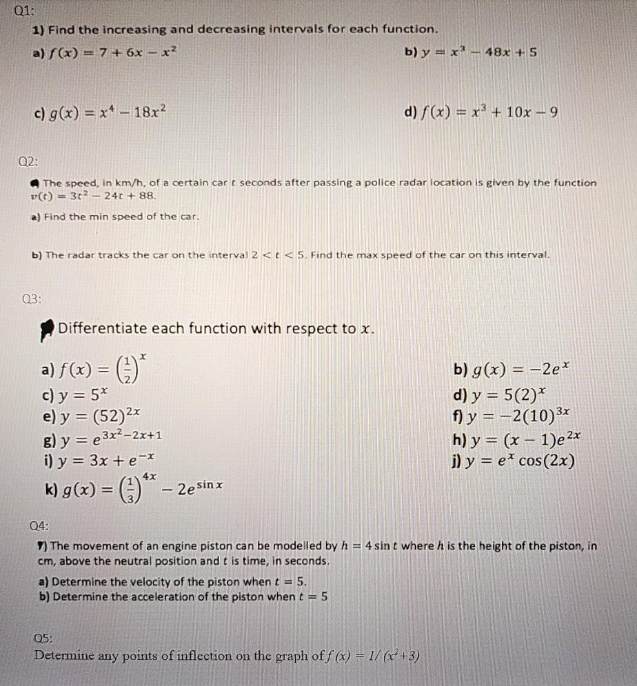 Solved Q1: 1) Find the increasing and decreasing intervals | Chegg.com