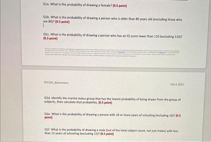 Solved Q1a. What is the probability of drawing a female? | Chegg.com