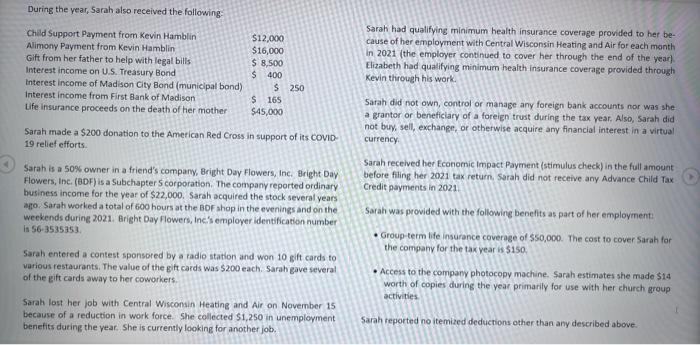 During the year, sarah also received the following:
Sarah had qualifying minimum health insurance coverage provitted to her b