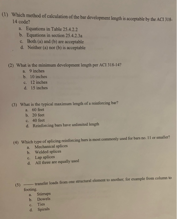 Solved (1) Which method of calculation of the bar | Chegg.com