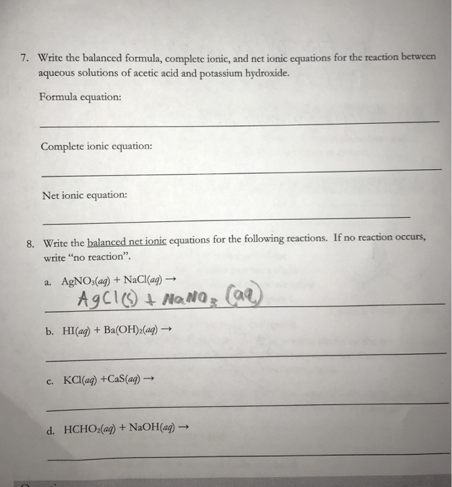 Solved 7. Write the balanced formula, complete ionic, and | Chegg.com