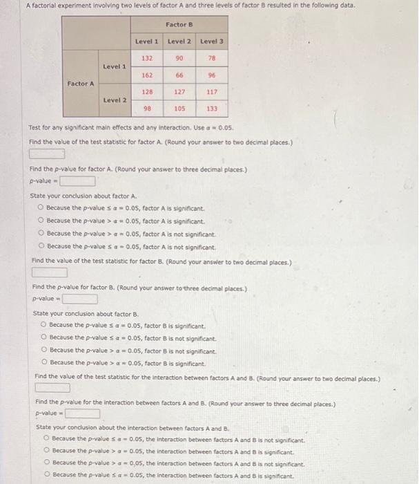Solved A factorial experiment involving two levels of factor | Chegg.com