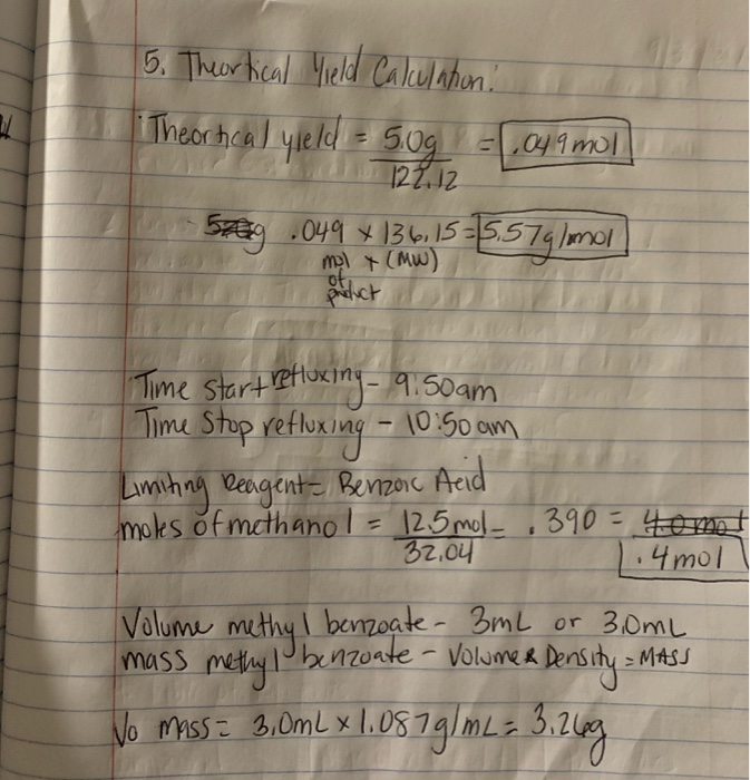 Solved calculate theortical yield of methyl benzoate in | Chegg.com