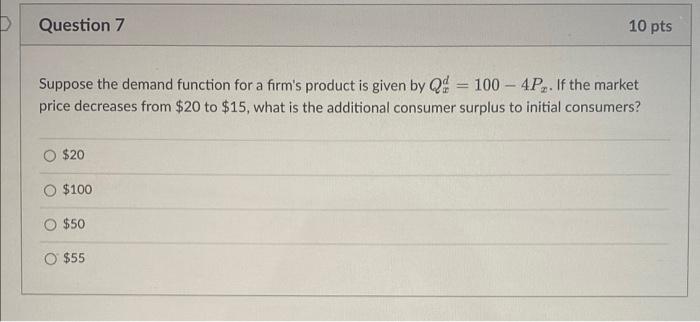 Solved Question 7 10 pts Suppose the demand function for a | Chegg.com