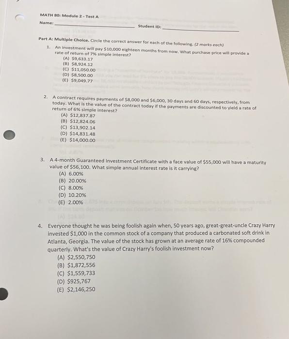 Solved MATH 80; Module 2-Test A Name: Student 10: Part As | Chegg.com