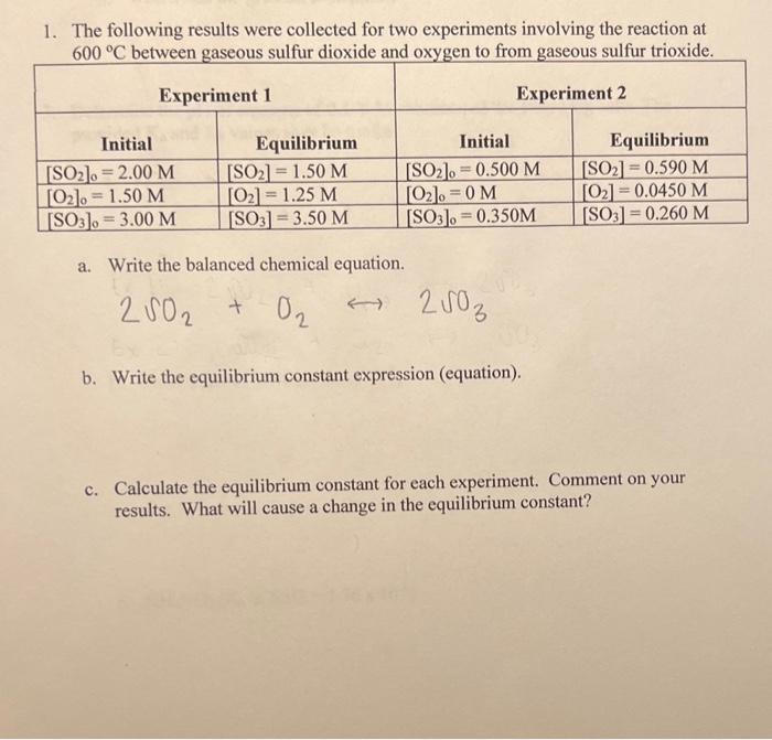 Solved 1. The following results were collected for two | Chegg.com