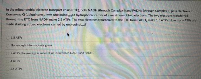 Solved In the mitochondrial electron transport chain (ETC), | Chegg.com
