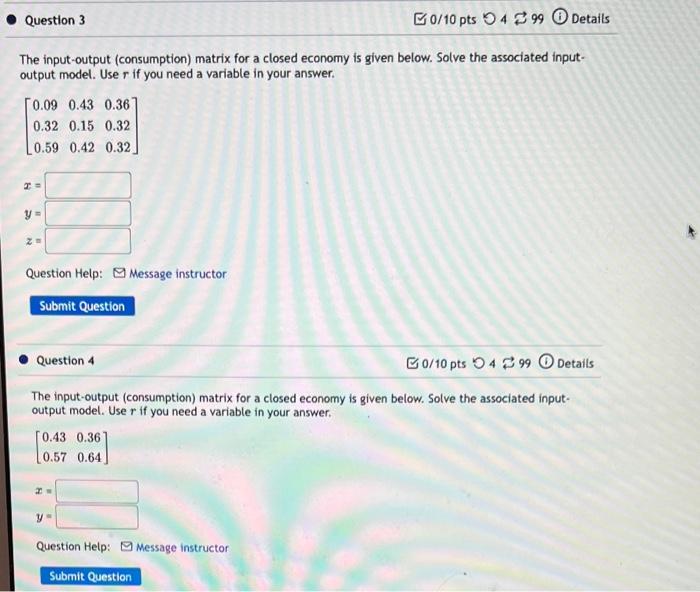 Solved The input-output (consumption) matrix for a closed | Chegg.com