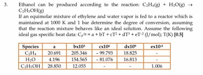 Solved 3. Ethanol can be produced according to the reaction