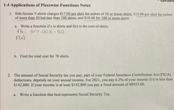 Solved 1.4 Applications of Piecewise Functions Notes 1. | Chegg.com