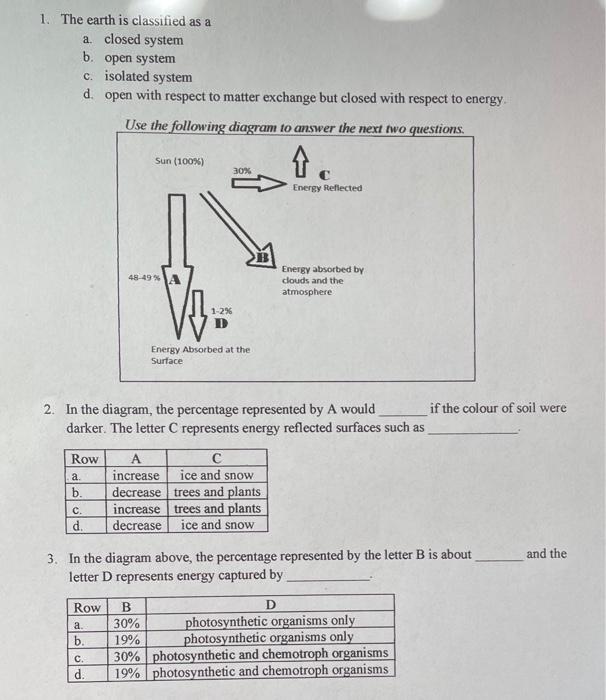 Solved 1. The earth is classified as a a closed system b. Chegg