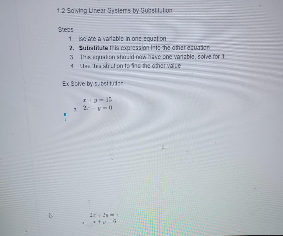 Solved 1.2 Solving Linear Systems by Substitution Steps 1. | Chegg.com