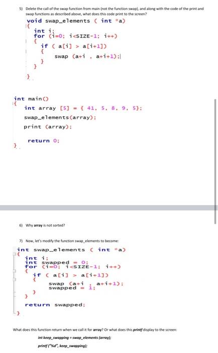 Solved S) Delete the call of the swap function from main not | Chegg.com