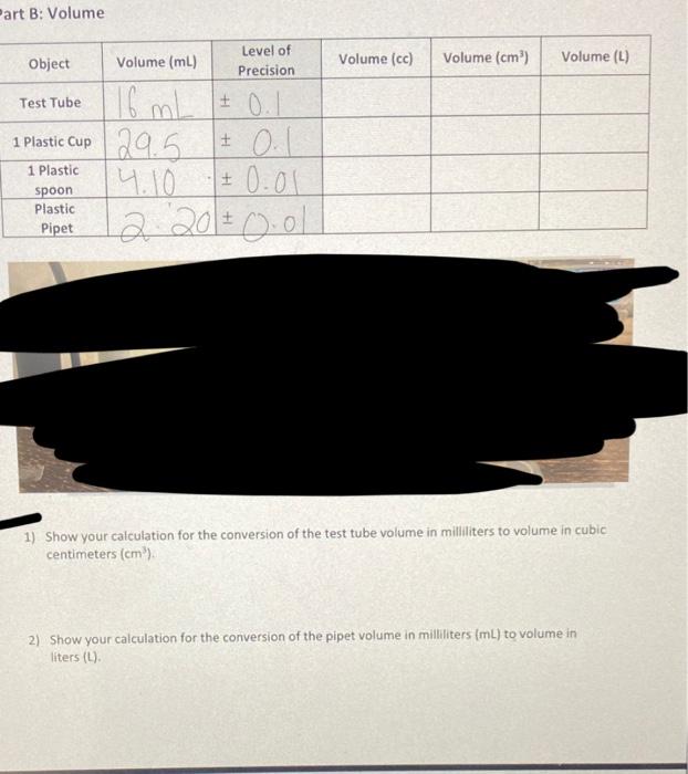 Solved Part B Volume Object Volume (mL) Level of Precision
