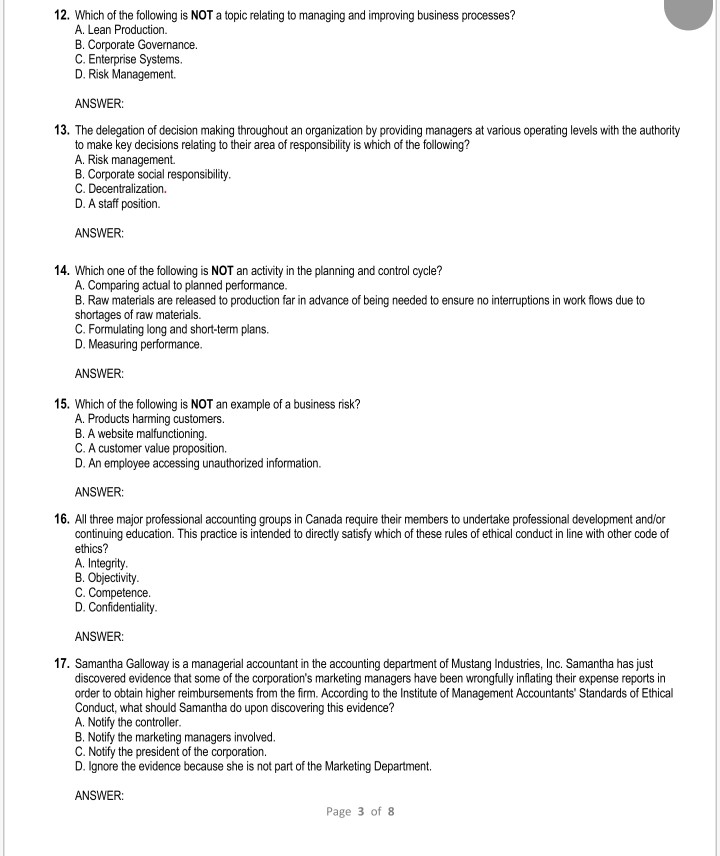 12. which of the following is not a topic relating to managing and improving business processes? a. lean production b. corpor