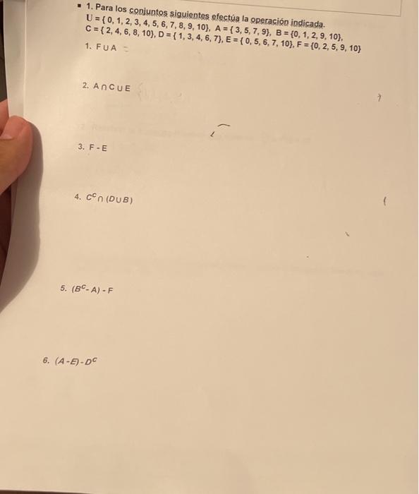 \[ C=\{2,4,6,8,10\}, D=\{1,3,4,6,7\}, E=\{0,5,6, \quad B=\{0,1,2,9,10\} \text {, } \] 1. \( F \cup A= \) 2. \( A \cap C \cup