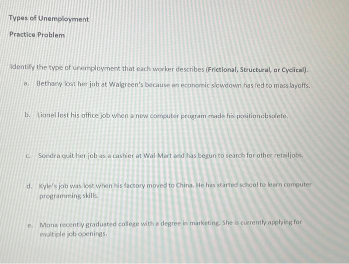 Solved Unemployment Practice Problem 1 Determine whether | Chegg.com