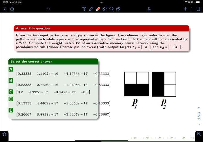 Answer this question
Given the two input patterns \( \boldsymbol{p}_{1} \) and \( \boldsymbol{p}_{2} \) shown in the figure.