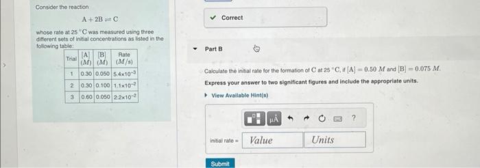 Solved Considor the reaction A+2 B=C whose rate at 25 C was | Chegg.com