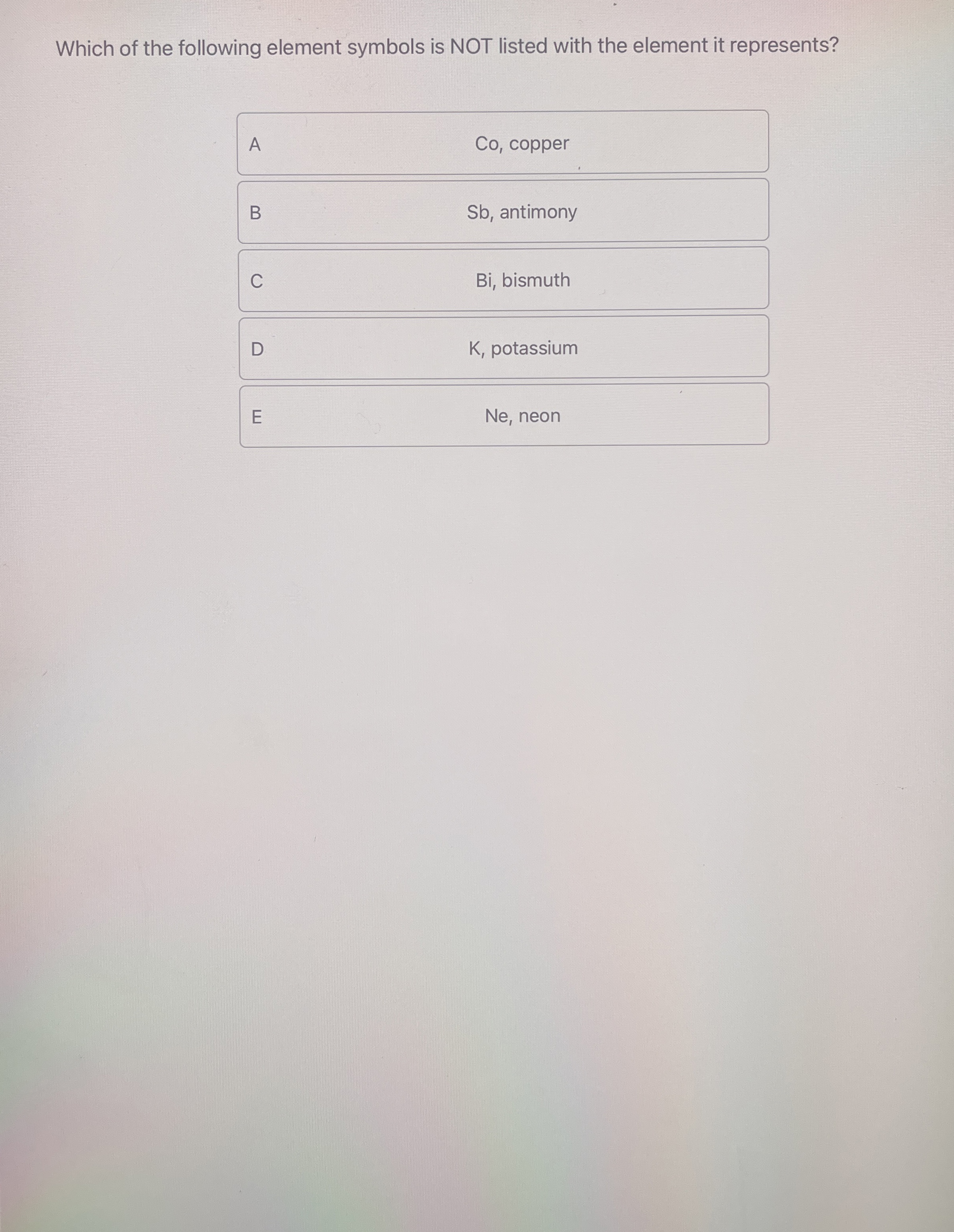 Solved Which of the following element symbols is NOT listed