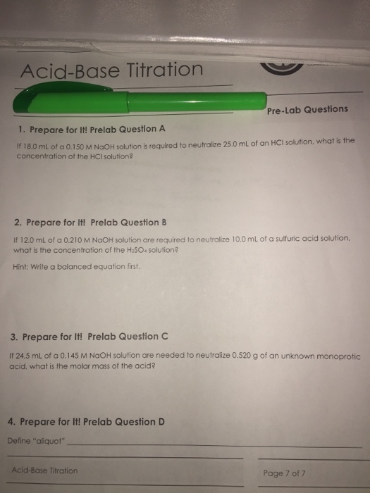 Solved AcidBase Titration PreLab Questions 1. Prepare for