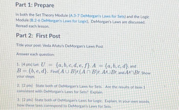Solved Part 1: Prepare In both the Set Theory Module (A.3-7 | Chegg.com