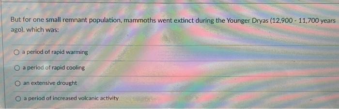 But for one small remnant population, mammoths went extinct during the Younger Dryas \( (12,900-11,700 \) years ago), which w