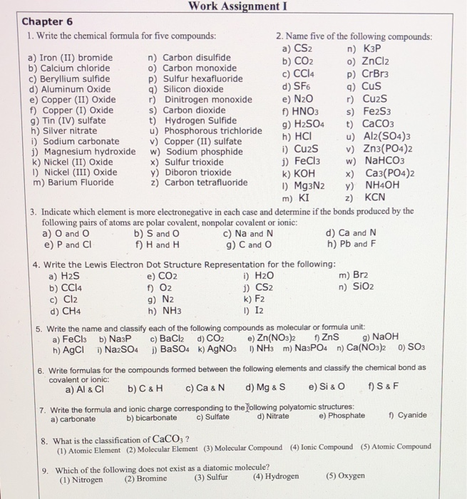 Solved Work Assignment I Chapter 6 1. Write the chemical Chegg