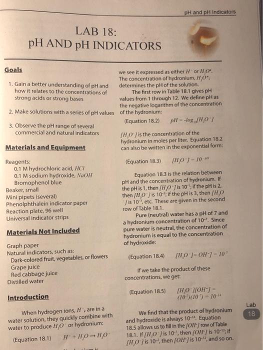 pH and pH Indicators LAB 18 pH AND PH INDICATORS