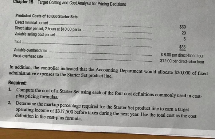 Solved Chapter 15 Target Costing and Cost Analysis for | Chegg.com