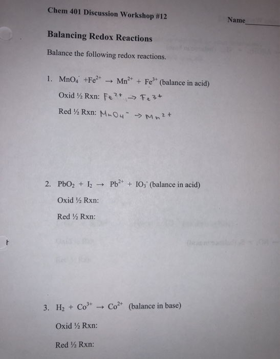 Solved Chem 401 Discussion Workshop #12 Name Balancing Redox | Chegg.com