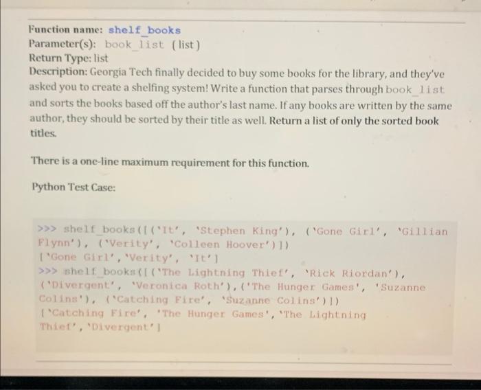 Solved Function name: shelf_books Parameter(s): book list | Chegg.com