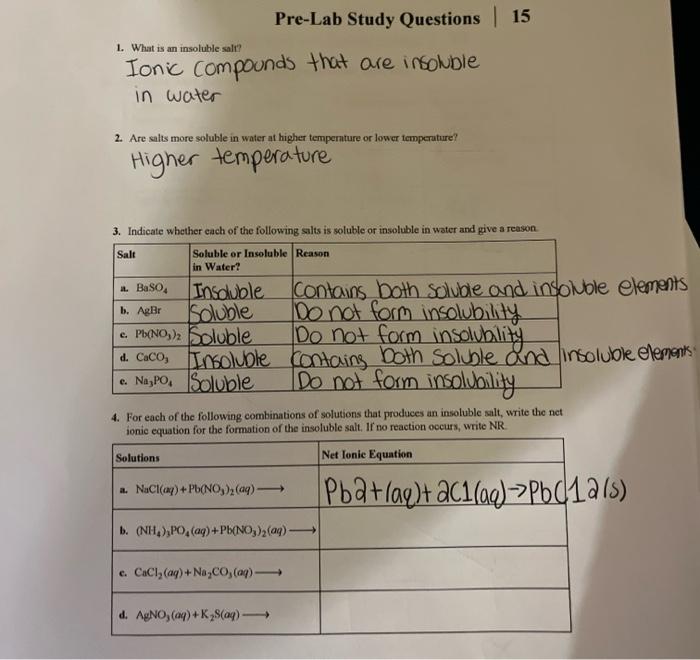 Solved 1. What is an insoluble salt? PreLab Study Questions