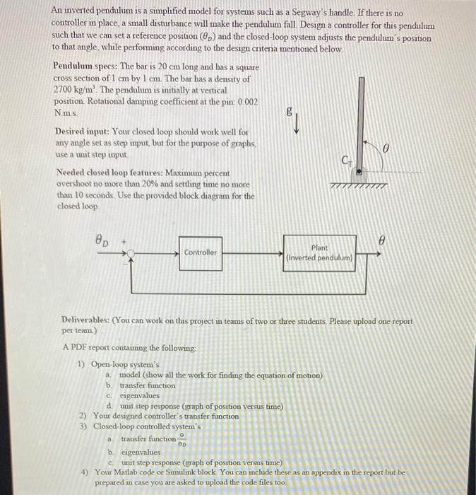 Solved An inverted pendulum is a simplified model for | Chegg.com