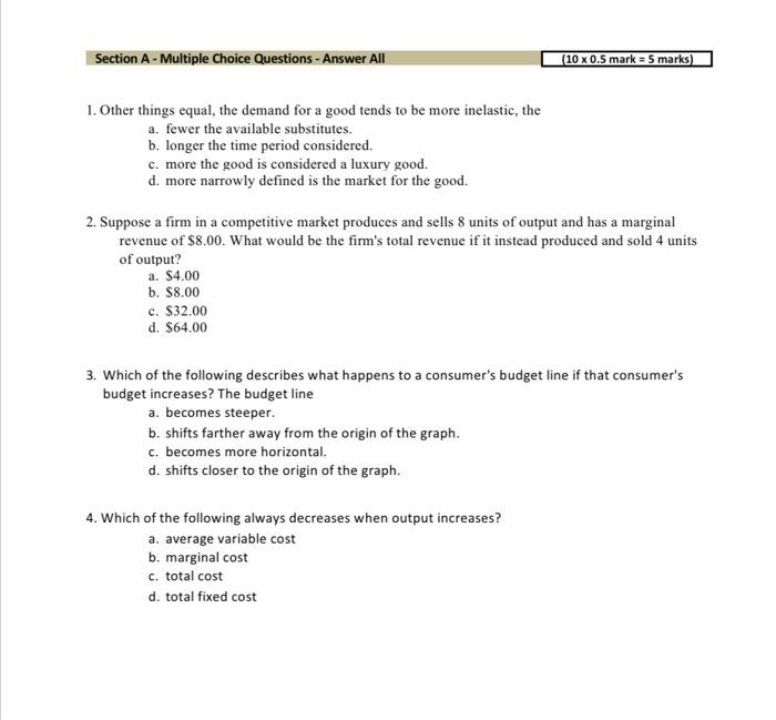 Solved Section A- Multiple Choice Questions - Answer All (10 | Chegg.com