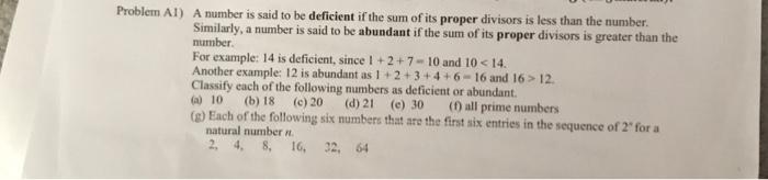 Solved Problem Al) A number is said to be deficient if the | Chegg.com
