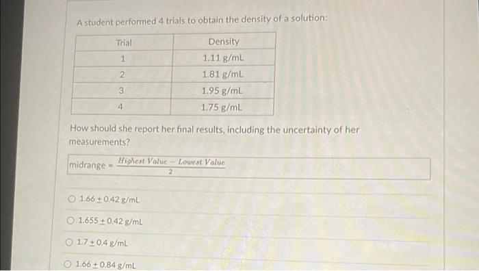 Solved A Student Performed 4 Trials To Obtain The Density Of | Chegg.com