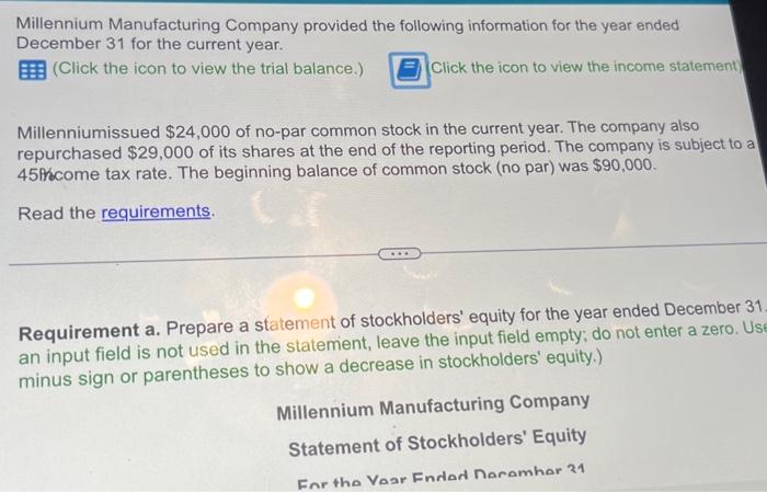 Trial balanceIncome statementMillennium Manufacturing | Chegg.com