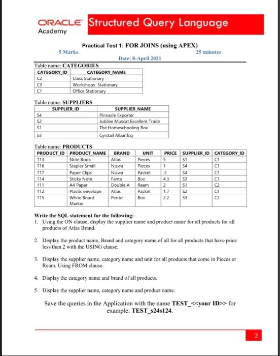 Solved ORACLE Structured Query Language Academy Practical | Chegg.com