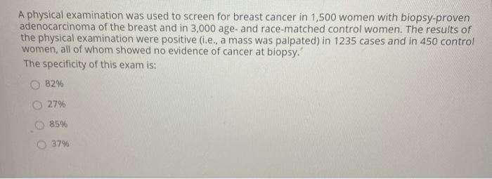 A physical examination was used to screen for breast cancer in 1,500 women with biopsy-proven adenocarcinoma of the breast an