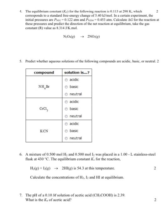 Solved 4. The equilibrium constant (Kr) for the following | Chegg.com